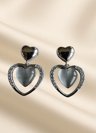 Silver earrings with a double heart and zircons