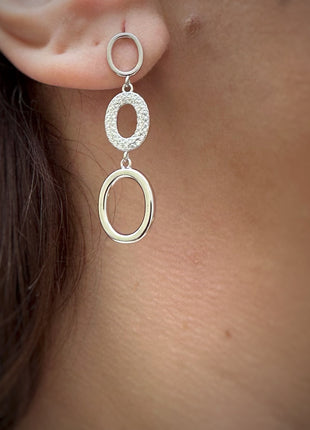 Silver dangle earrings with ovals and white zircons