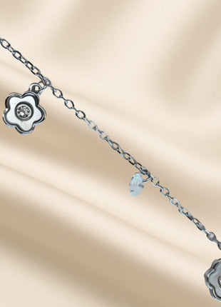 Silver anklet with zircons and pendants - flowers