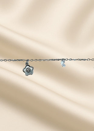Silver anklet with zircons and pendants - flowers